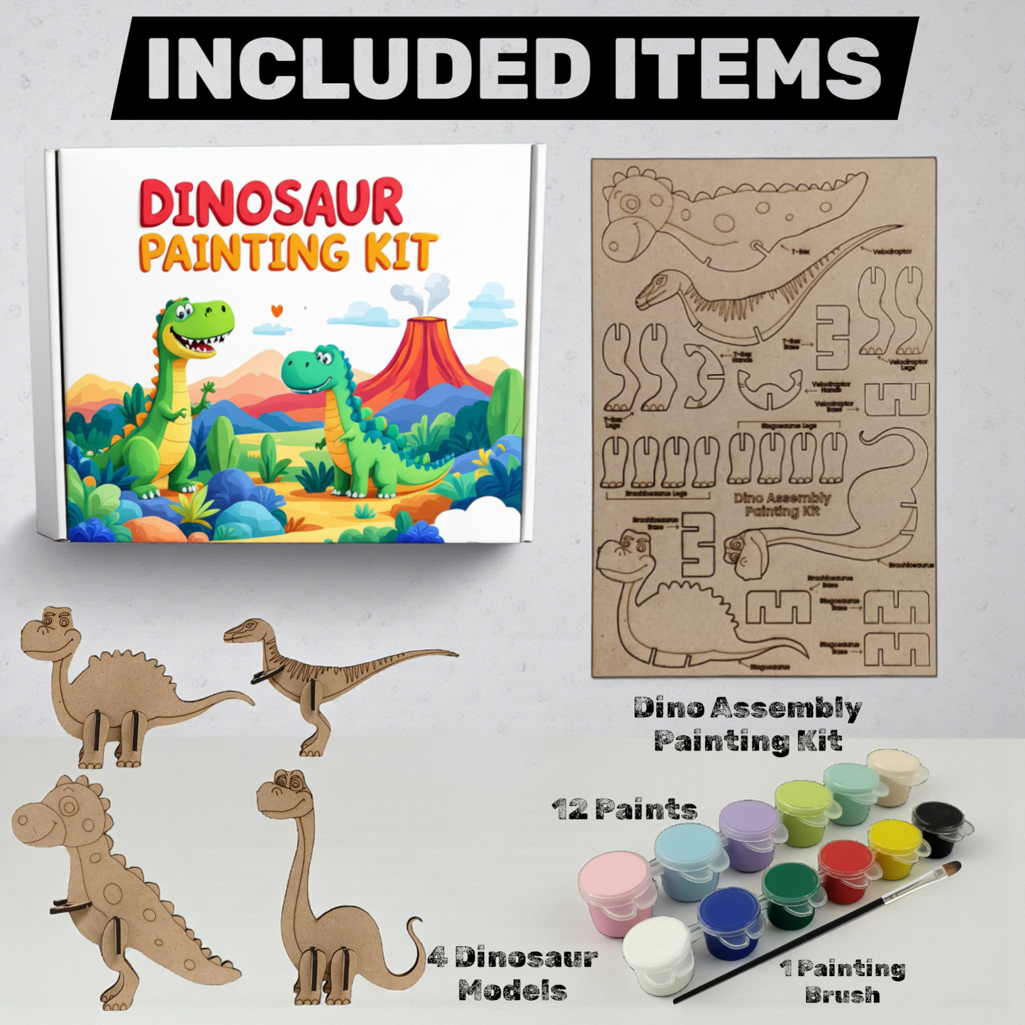 BAGJI TOYS Dinosaur Painting Kit for Kids Ages 4-8 – DIY Wooden Dino Craft Kit with 4 Assemble & Paint Dinosaur Models, 12 Paint Pots & Brush – Creative Arts and Crafts Gift for Boys & Girls