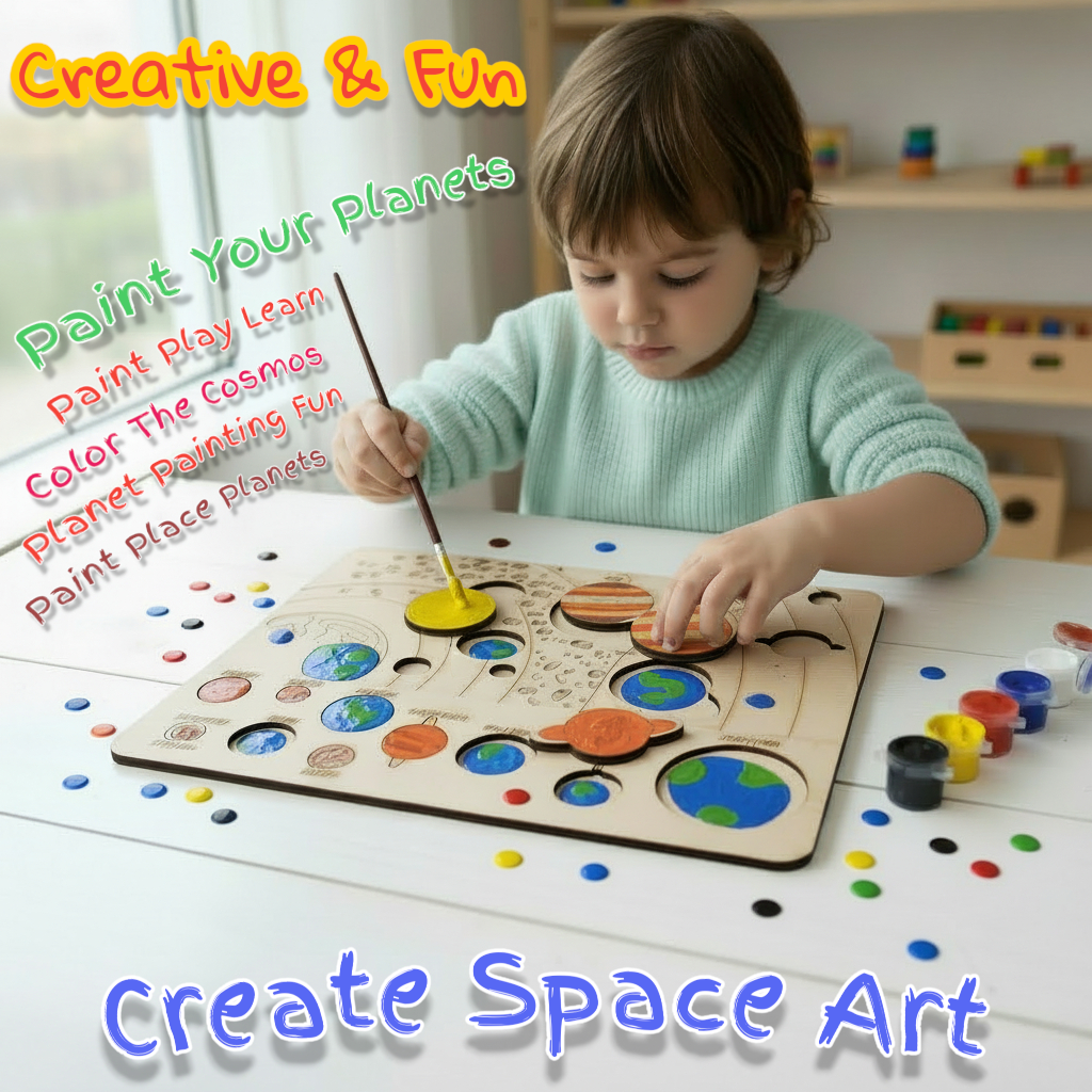 BAGJI TOYS Solar System DIY Painting Puzzle Kit for Kids, Wooden Educational Craft Set with 10 Planet Cutouts, 12 Paints, Brush and Information Leaflet, Size 30x20 cm (Science Fiction)