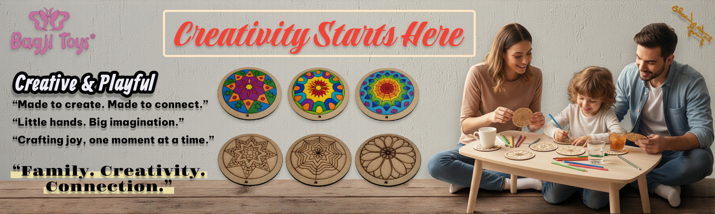 BAGJI TOYS DIY Coaster Painting Kit for Kids & Adults – 6 Pre-Marked Wooden Tea Coasters with Stand, 12 Acrylic Colours & Brush – Mandala Art & Craft DIY Set – Beginner Friendly Painting Craft Kit, Birthday & Gift Activity