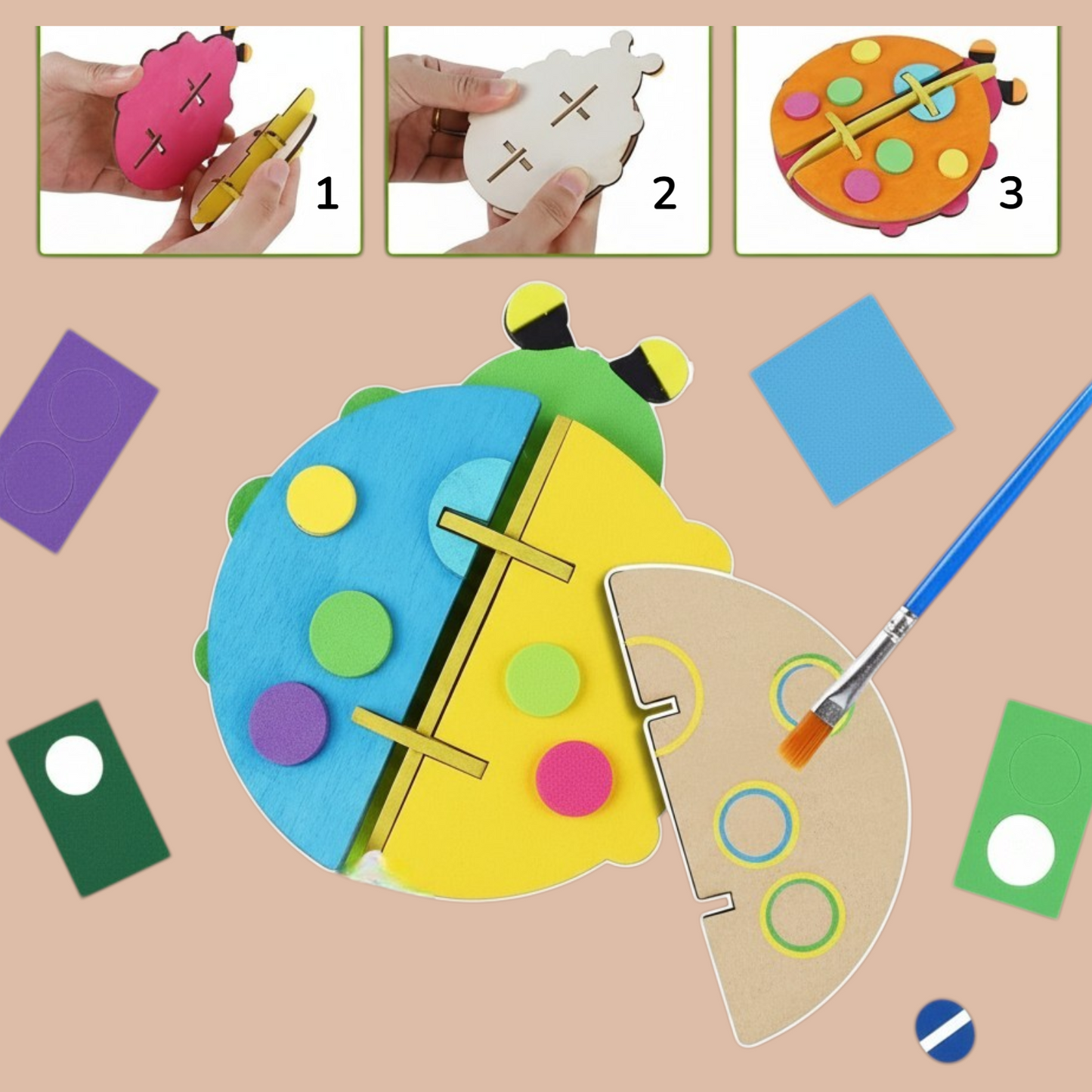 BAGJI TOYS 3D Wooden Insect Craft Painting Kit for Kids, 4 Piece Set with Brushes & Paint, DIY Bug Models, Gift for Boys Girls Age 5 and Up