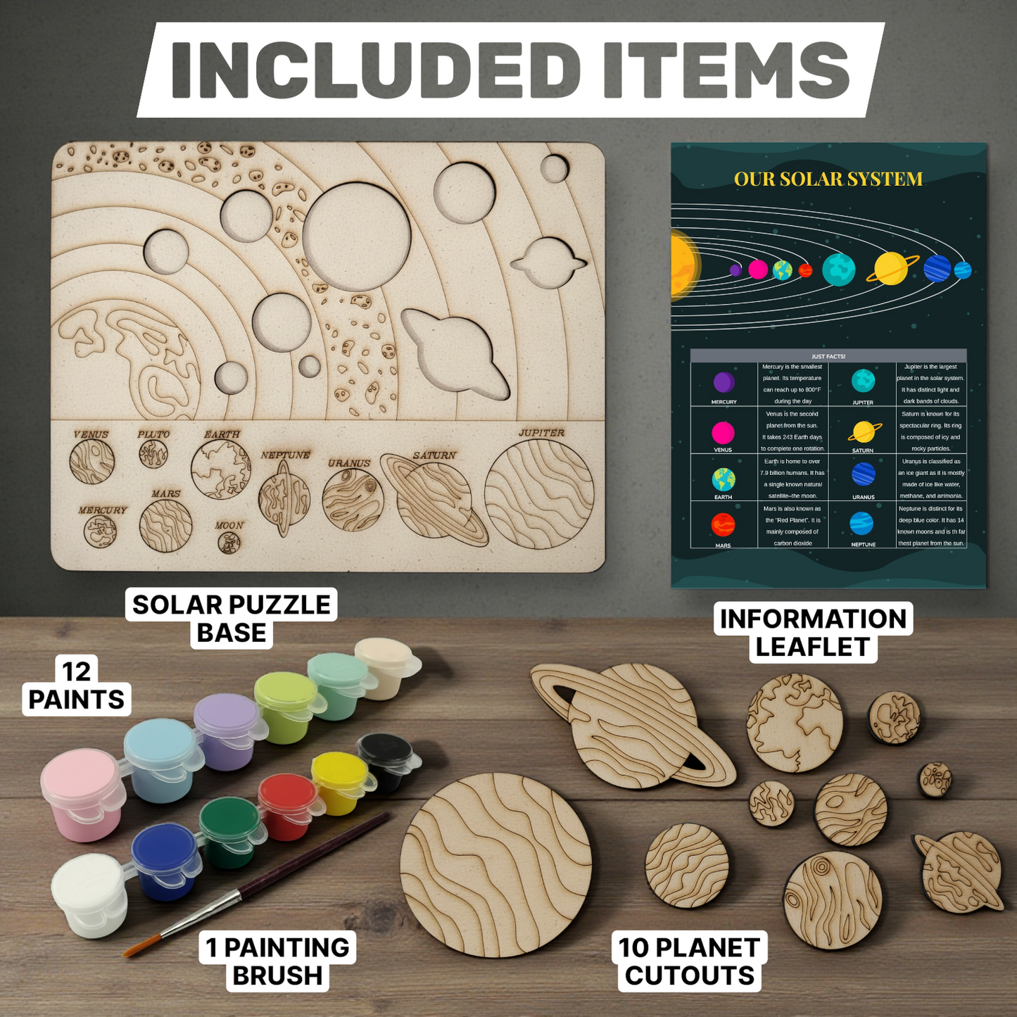 BAGJI TOYS Solar System DIY Painting Puzzle Kit for Kids, Wooden Educational Craft Set with 10 Planet Cutouts, 12 Paints, Brush and Information Leaflet, Size 30x20 cm (Science Fiction)