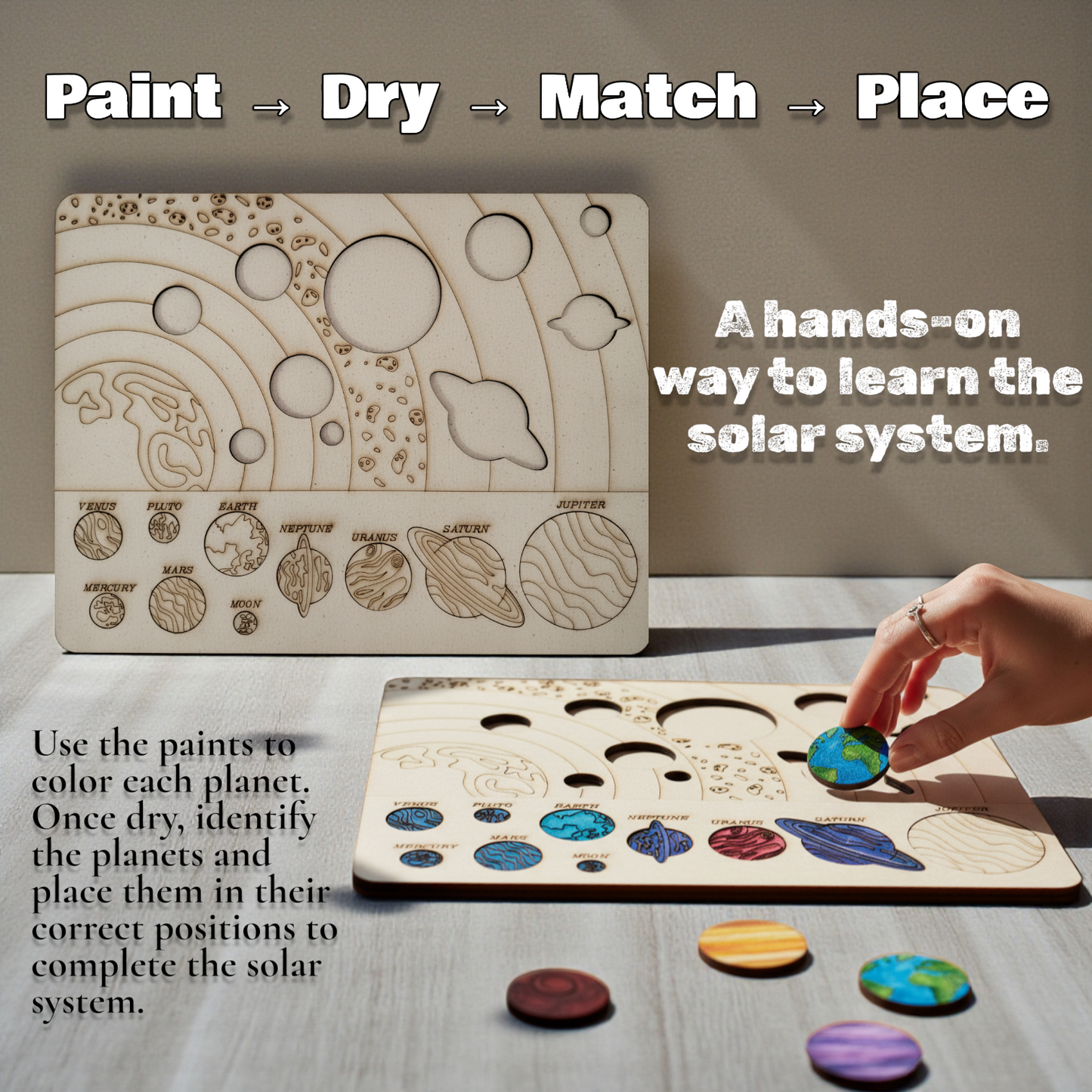 BAGJI TOYS Solar System DIY Painting Puzzle Kit for Kids, Wooden Educational Craft Set with 10 Planet Cutouts, 12 Paints, Brush and Information Leaflet, Size 30x20 cm (Science Fiction)