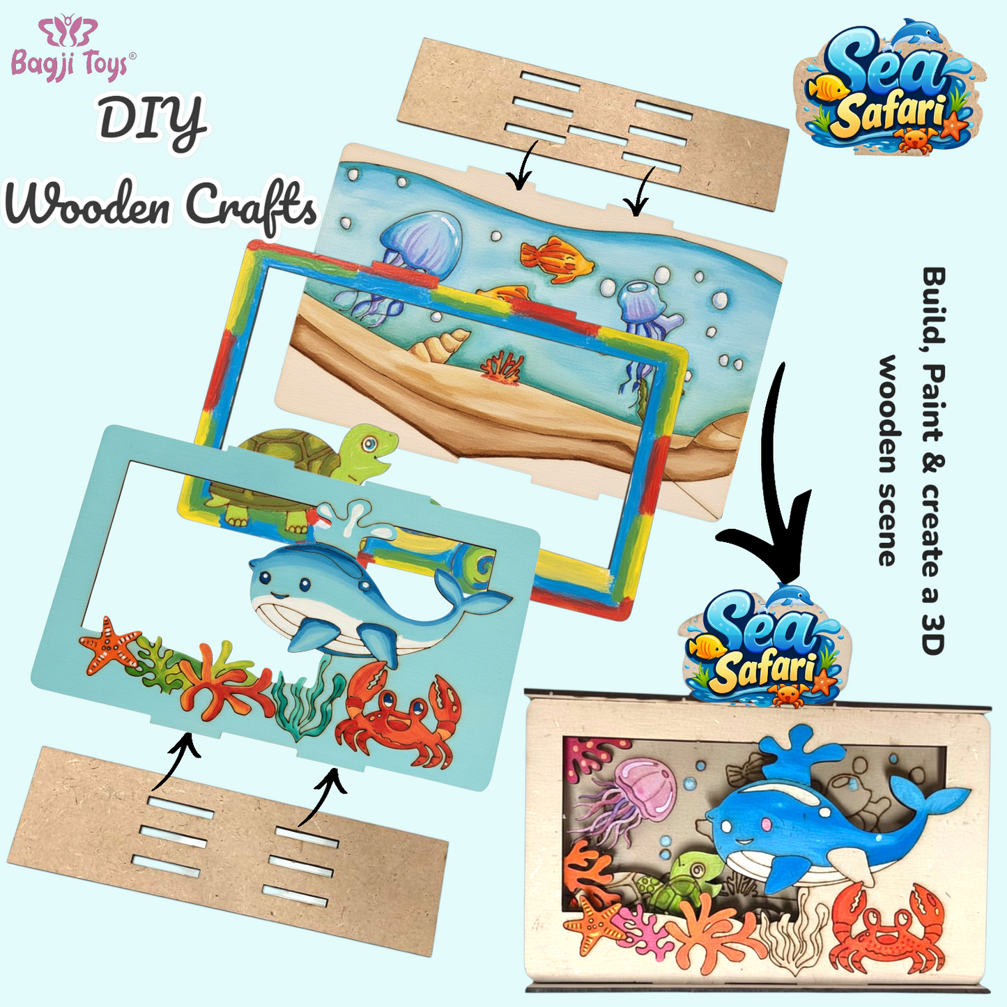 BAGJI TOYS 3D Wooden Painting Kit for Kids Ages 4-8 – DIY Arts & Crafts Set with Dinosaur, Ocean & Jungle Animal Shapes, 12 Paints & 1 Brush – Creative Art Activity, Return Gifts, Birthday Party Favor, Return Gift