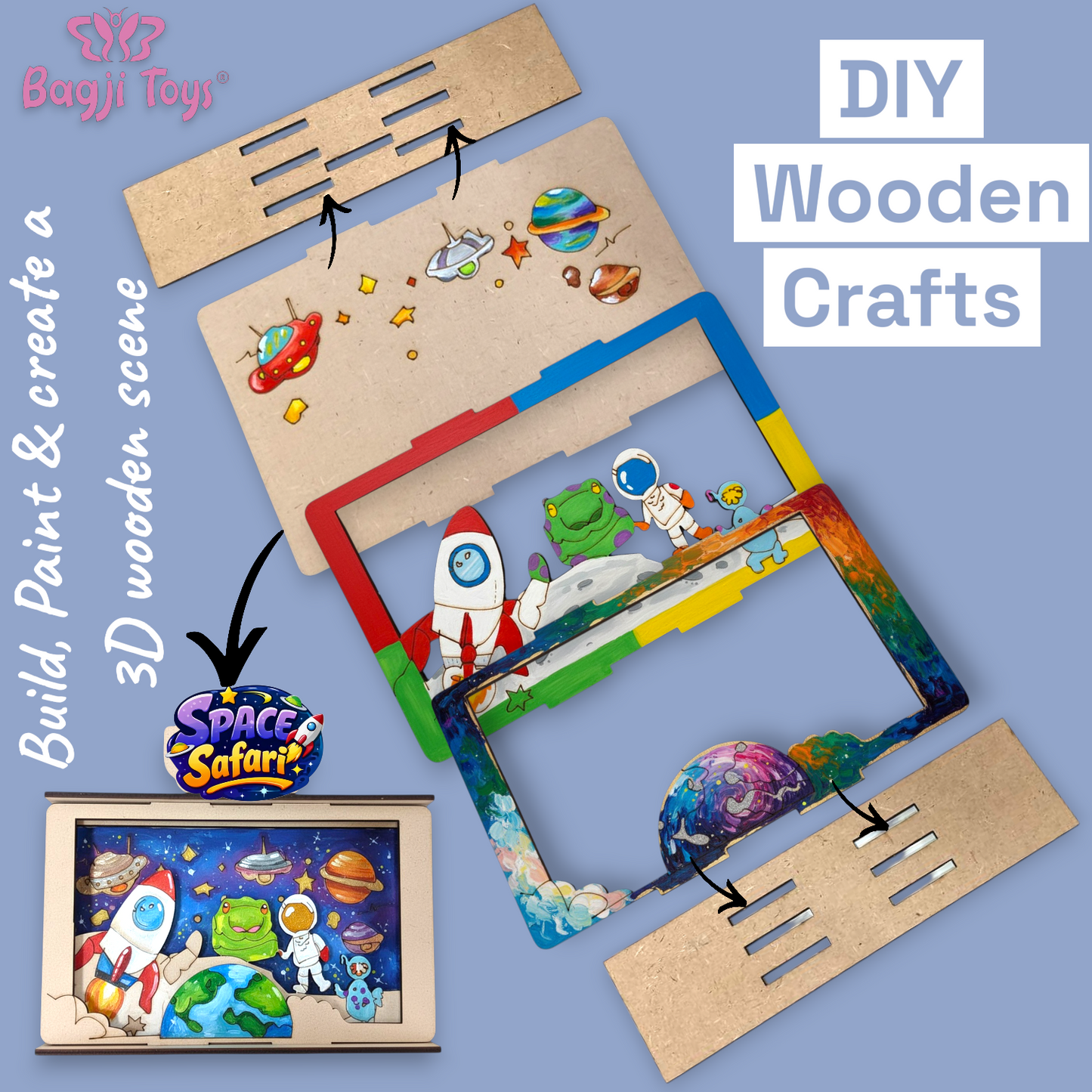 BAGJI TOYS 3D Wooden Painting Kit for Kids Ages 4-8 – DIY Arts & Crafts Set with Dinosaur, Ocean & Jungle Animal Shapes, 12 Paints & 1 Brush – Creative Art Activity, Return Gifts, Birthday Party Favor, Return Gift