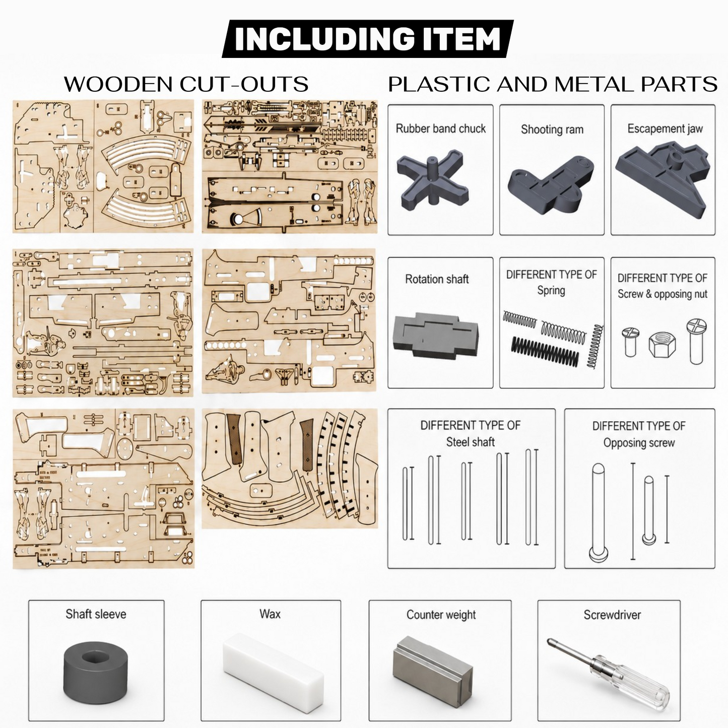 An 'Including Item' parts list graphic for a model kit, showing wooden cut-out sheets, plastic and metal components, shaft sleeves, wax, a counter weight, and a screwdriver on a white background.