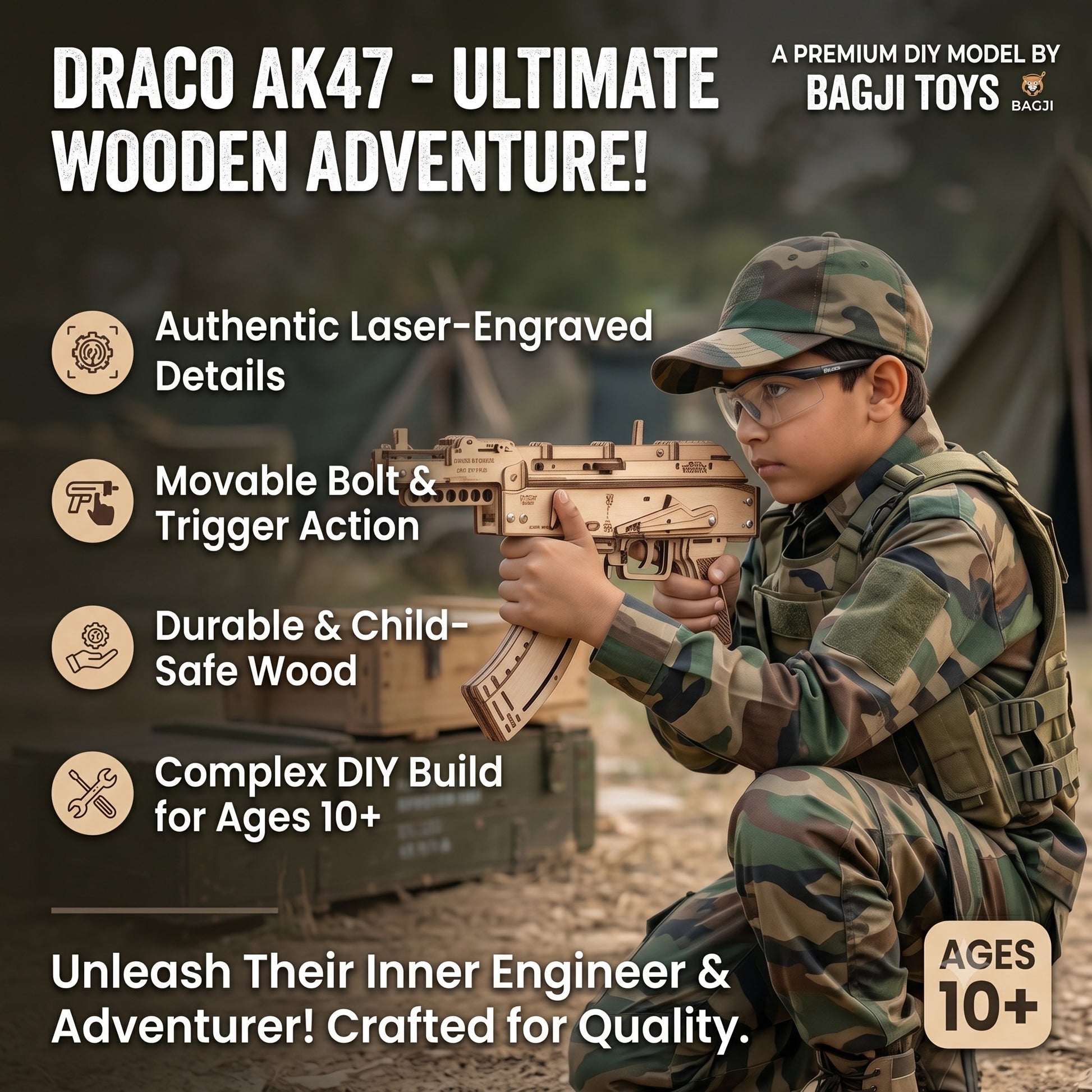 Promotional graphic for the Draco AK47 wooden toy model by Bagji Toys, showing a child in camouflage clothing aiming a laser-etched wooden toy rifle. The left side features text highlighting key features like authentic laser-engraved details, movable bolt and trigger action, durable wood, and complex DIY build for ages 10+.