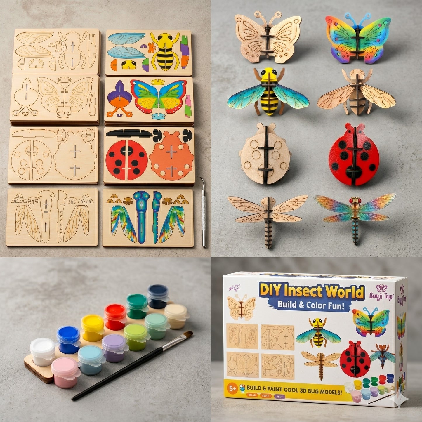 BAGJI TOYS 3D Wooden Insect Craft Painting Kit for Kids, 4 Piece Set with Brushes & Paint, DIY Bug Models, Gift for Boys Girls Age 5 and Up