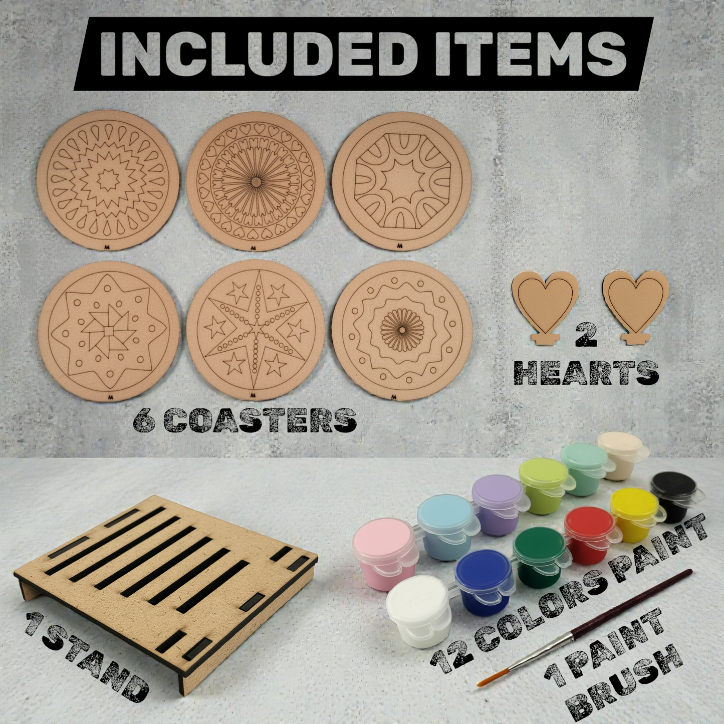 BAGJI TOYS DIY Coaster Painting Kit for Kids & Adults – 6 Pre-Marked Wooden Tea Coasters with Stand, 12 Acrylic Colours & Brush – Mandala Art & Craft DIY Set – Beginner Friendly Painting Craft Kit, Birthday & Gift Activity