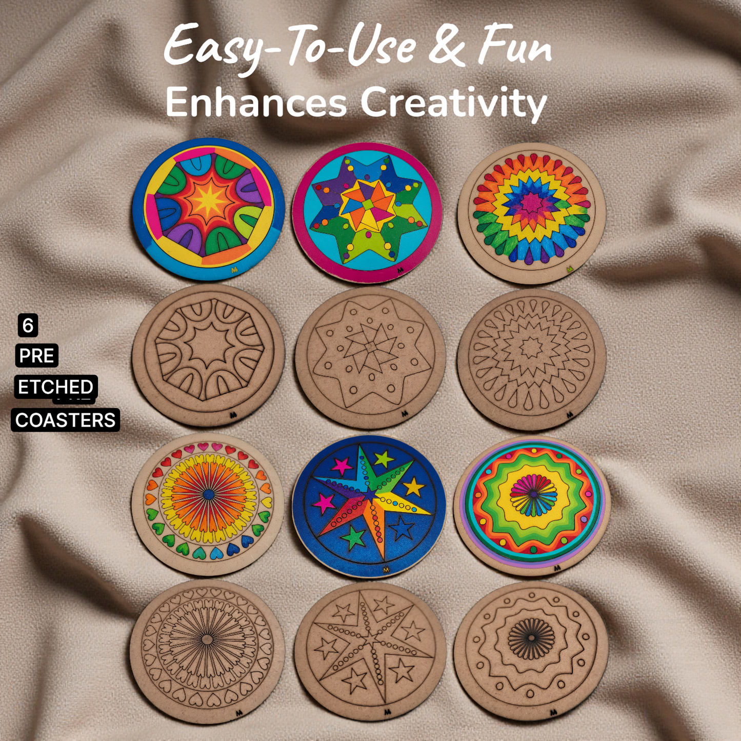 BAGJI TOYS DIY Coaster Painting Kit for Kids & Adults – 6 Pre-Marked Wooden Tea Coasters with Stand, 12 Acrylic Colours & Brush – Mandala Art & Craft DIY Set – Beginner Friendly Painting Craft Kit, Birthday & Gift Activity