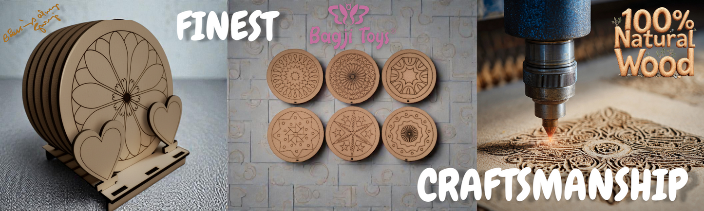 BAGJI TOYS DIY Coaster Painting Kit for Kids & Adults – 6 Pre-Marked Wooden Tea Coasters with Stand, 12 Acrylic Colours & Brush – Mandala Art & Craft DIY Set – Beginner Friendly Painting Craft Kit, Birthday & Gift Activity