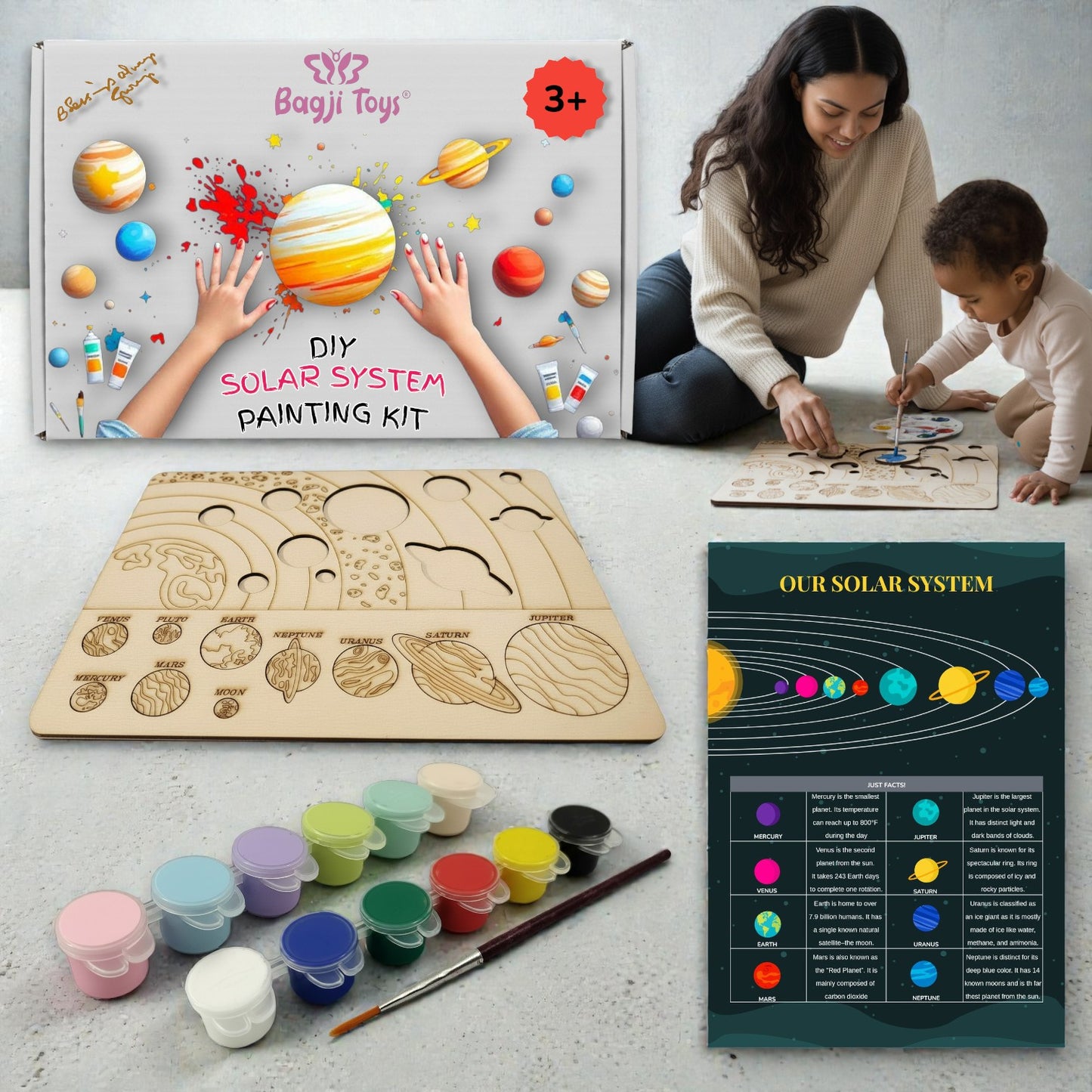 BAGJI TOYS Solar System DIY Painting Puzzle Kit for Kids, Wooden Educational Craft Set with 10 Planet Cutouts, 12 Paints, Brush and Information Leaflet, Size 30x20 cm (Science Fiction)