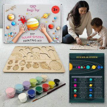 BAGJI TOYS Solar System DIY Painting Puzzle Kit for Kids, Wooden Educational Craft Set with 10 Planet Cutouts, 12 Paints, Brush and Information Leaflet, Size 30x20 cm (Science Fiction)