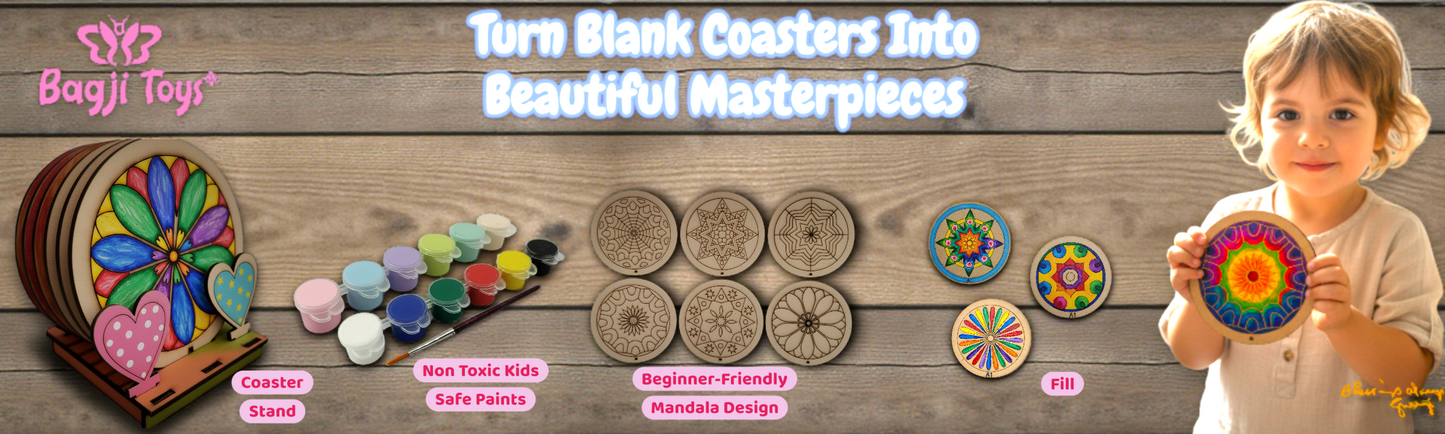 BAGJI TOYS DIY Coaster Painting Kit for Kids & Adults – 6 Pre-Marked Wooden Tea Coasters with Stand, 12 Acrylic Colours & Brush – Mandala Art & Craft DIY Set – Beginner Friendly Painting Craft Kit, Birthday & Gift Activity