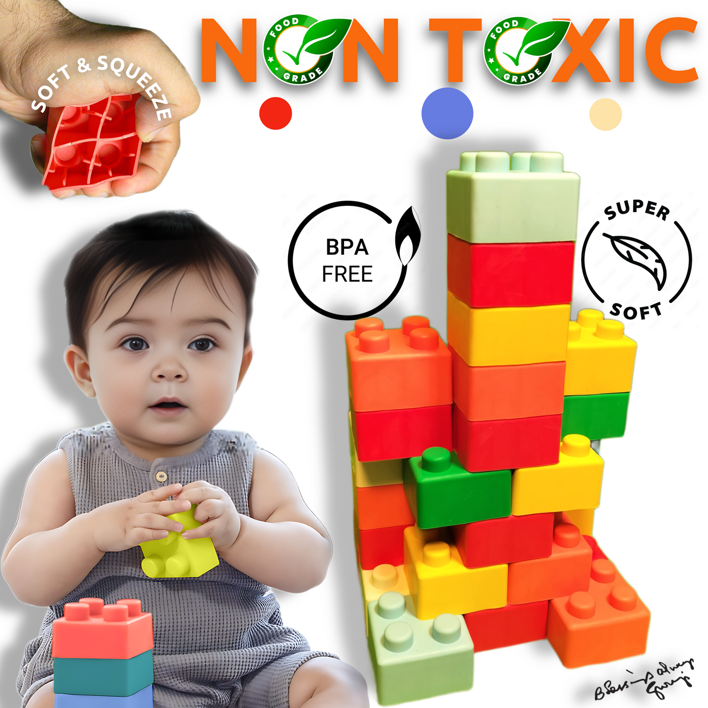Super Soft Building Blocks, BPA-Free, Easy-to-Hold for Toddlers & Babies, Multi-Colored