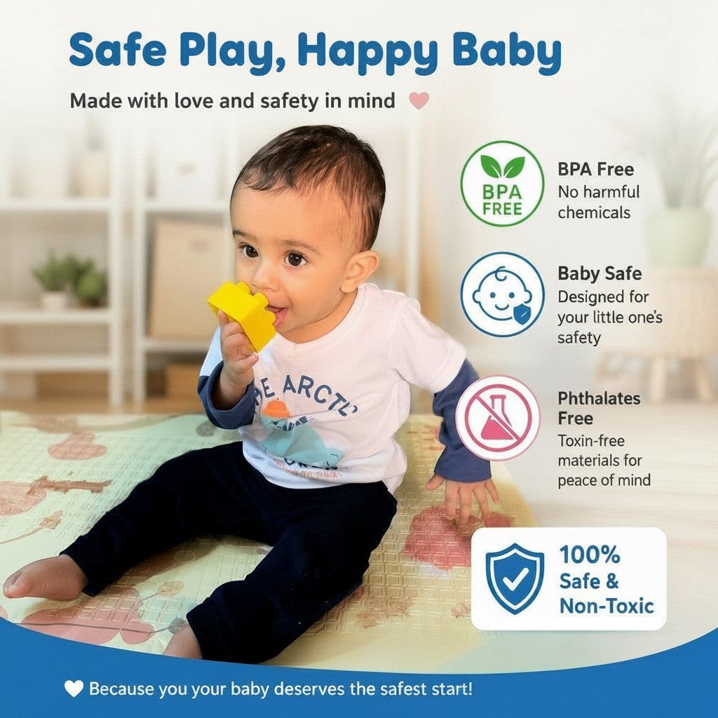 Baby playing with a BagjiToys soft yellow building block on a playmat, highlighting non-toxic and BPA-free safety.