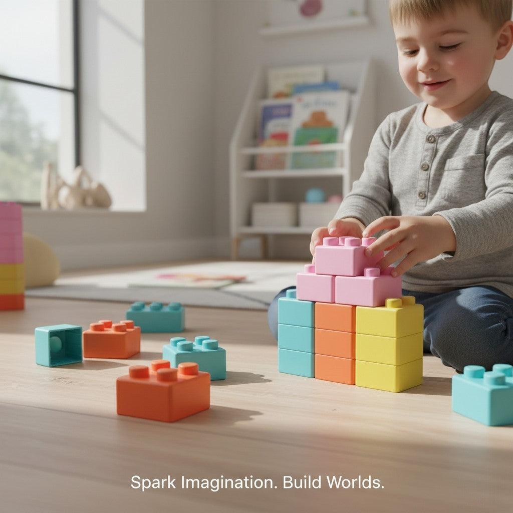 A toddler playing with BagjiToys soft, multi-colored educational building blocks on a bright playroom floor.