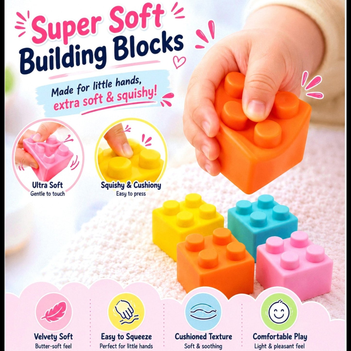 BagjiToys soft educational building blocks in vibrant colors, featuring a squishy, cushioned texture for toddlers.