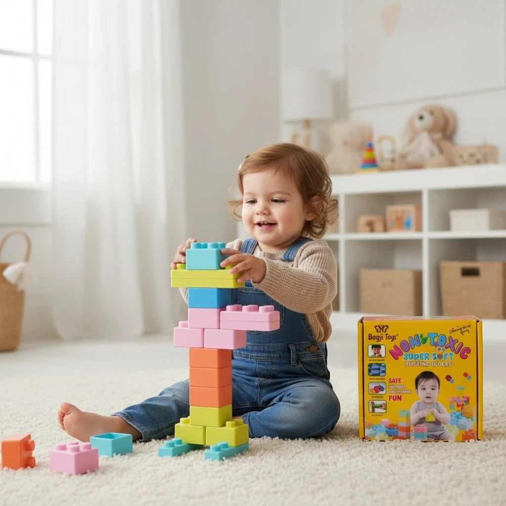 Toddler playing with BagjiToys soft, colorful educational building blocks on a carpeted floor in a bright nursery.
