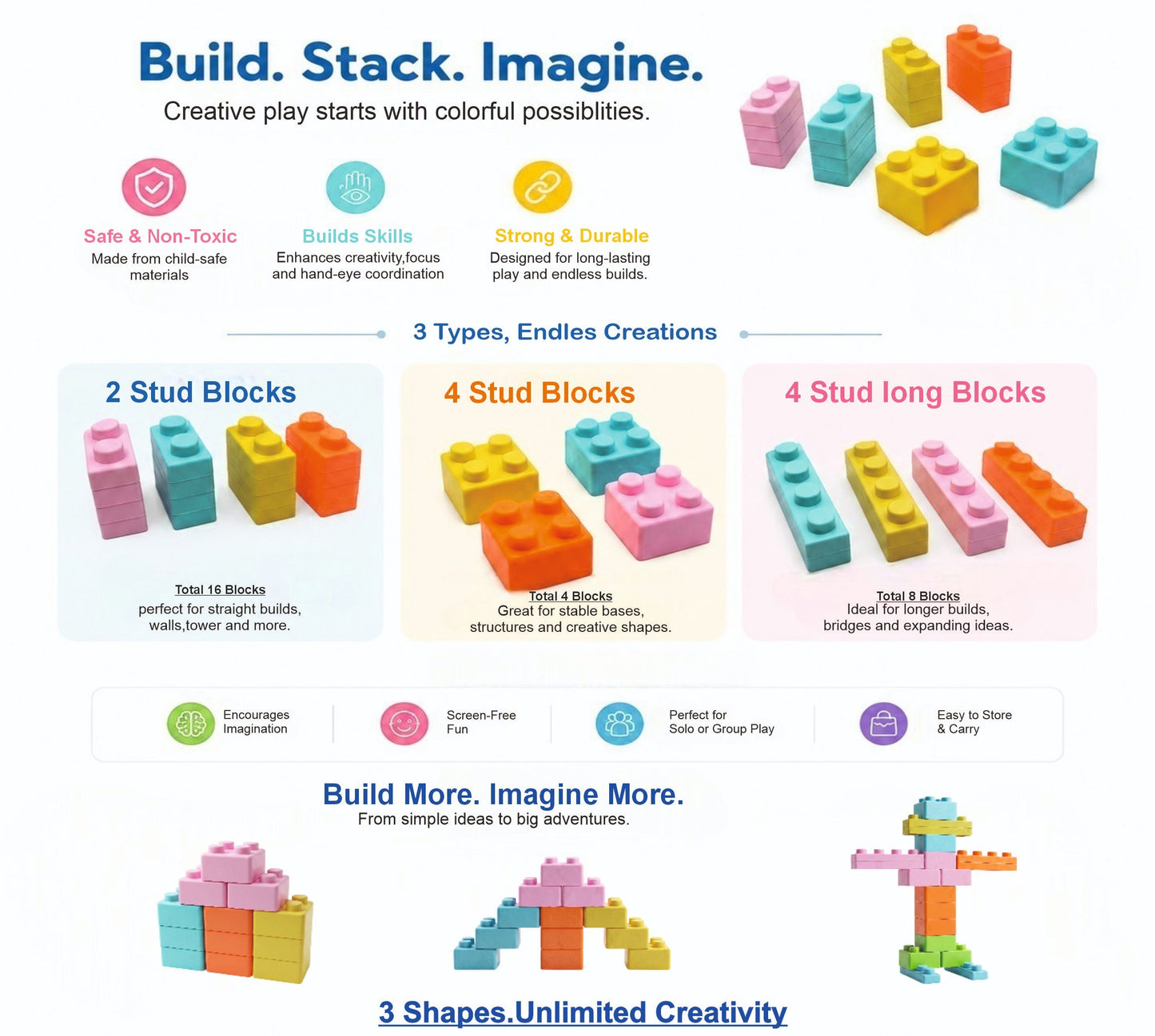 BagjiToys soft educational building blocks set featuring various colorful shapes for toddler creative construction.