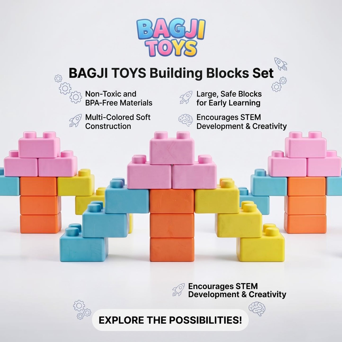 BagjiToys soft educational building blocks in vibrant colors arranged in a bridge structure for toddler STEM play.