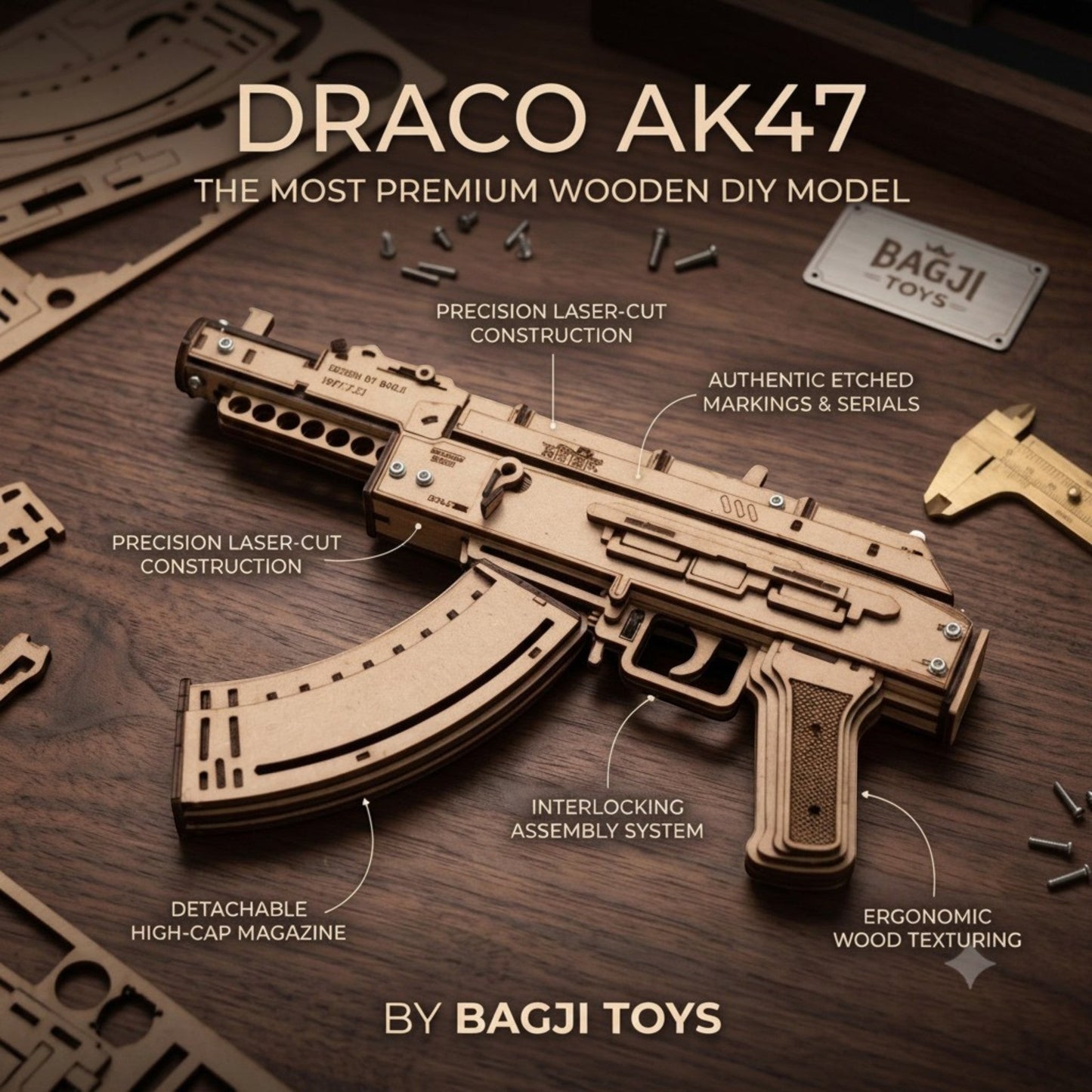 BagjiToys wooden AK47 3D puzzle model kit with laser-cut parts, detachable magazine, and interlocking assembly system.