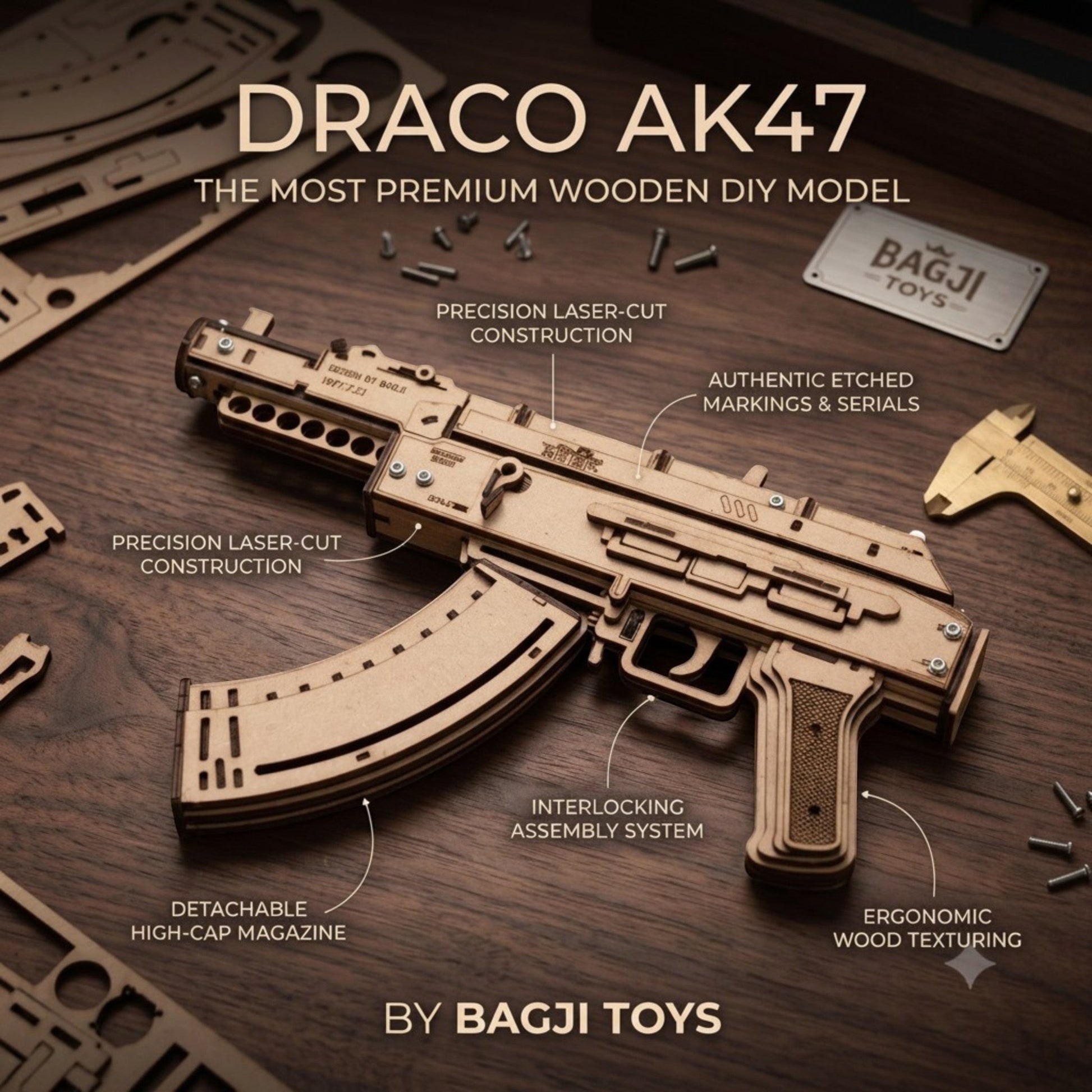 BagjiToys wooden AK47 3D puzzle model kit with laser-cut parts, detachable magazine, and interlocking assembly system.