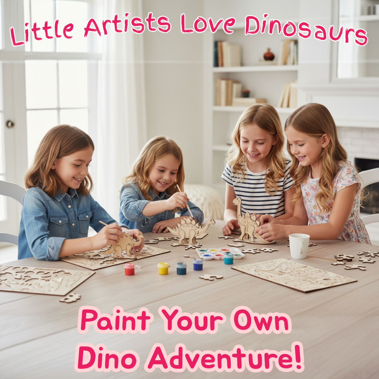 BAGJI TOYS Dinosaur Painting Kit for Kids Ages 4-8 – DIY Wooden Dino Craft Kit with 4 Assemble & Paint Dinosaur Models, 12 Paint Pots & Brush – Creative Arts and Crafts Gift for Boys & Girls