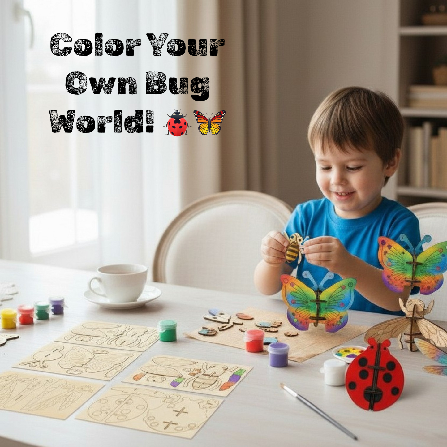 BAGJI TOYS 3D Wooden Insect Craft Painting Kit for Kids, 4 Piece Set with Brushes & Paint, DIY Bug Models, Gift for Boys Girls Age 5 and Up